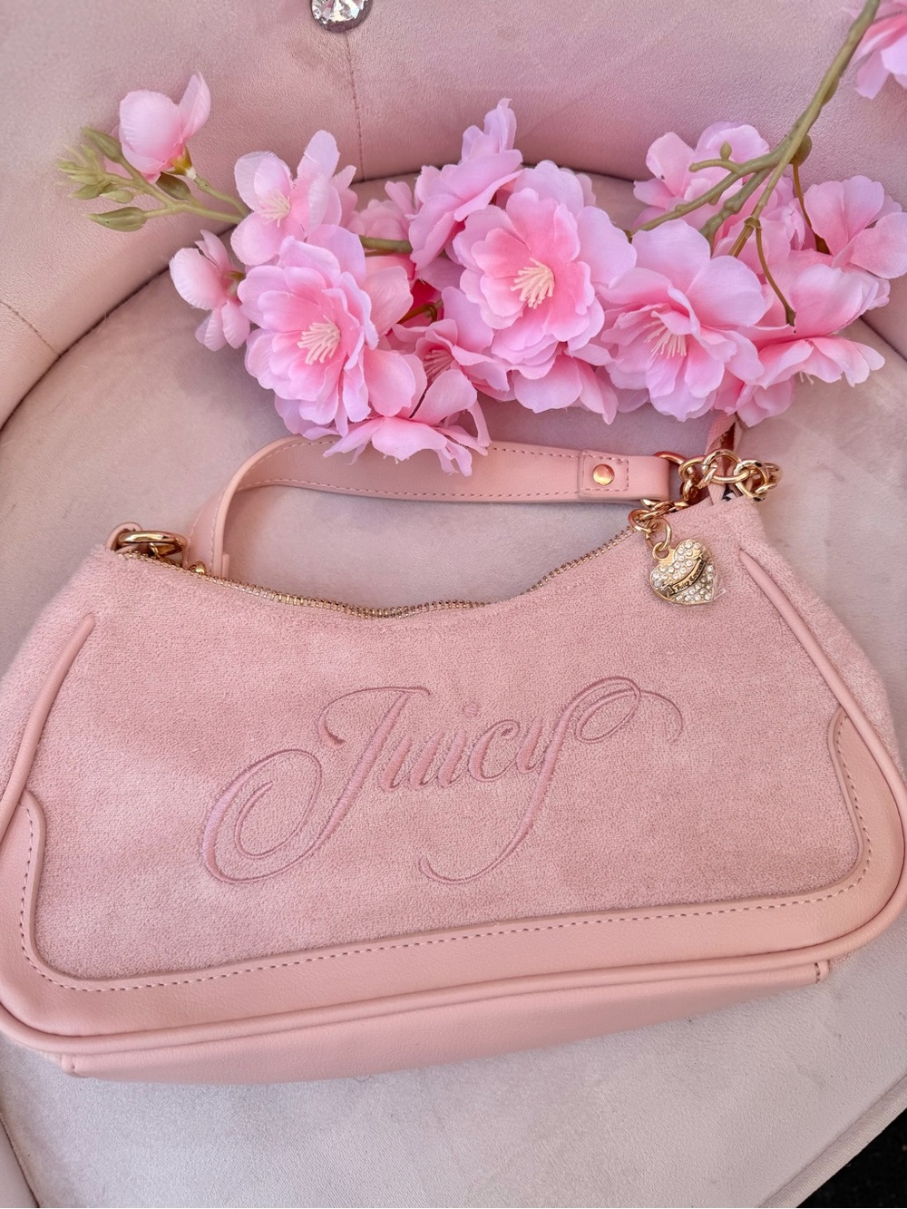 Juicy Couture Blush Pink Suede & Leather Shoulder Bag with Gold Charm